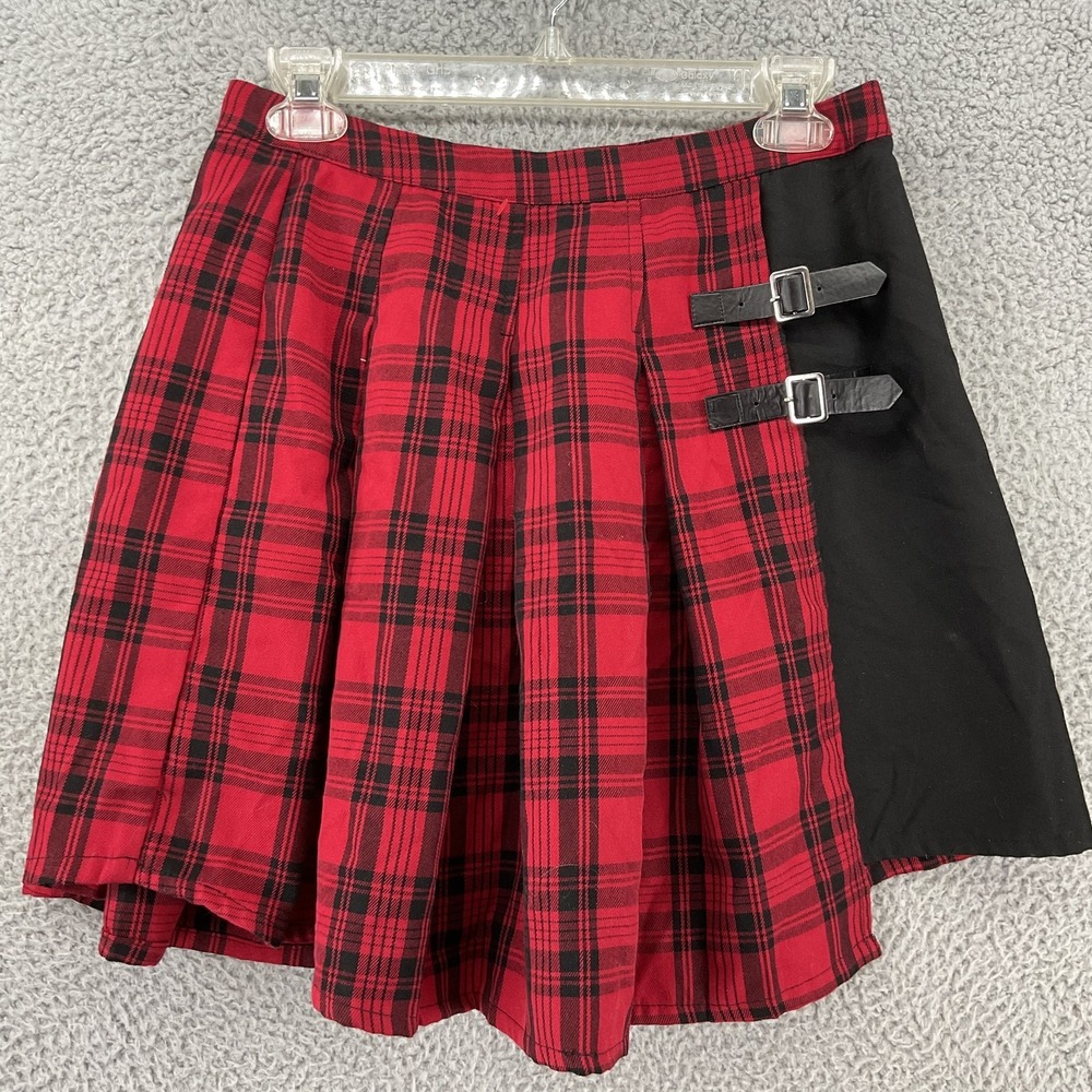 Hot Topic Skirt Womens MD Red Plaid Pleated Faux‎ Wrap Goth Short Lined Buckle